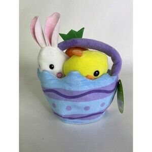 Happy Go Fluffy Plush Easter Basket Toy With Stuffed Bunny Chick and Carrot NEW